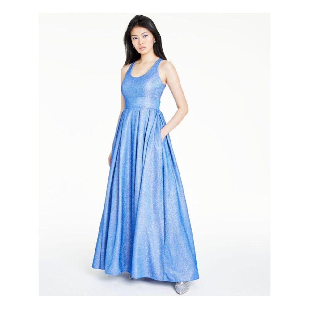 MORGAN & CO Womens Maxi Dress Blue Pleated Sleeveless Scoop Neck Prom Juniors 0